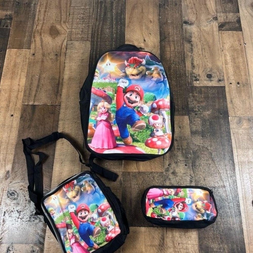 Nintendo Super Mario Bros Backpack Set Kids 3pc Lunch Bag Pencil Case Preowned